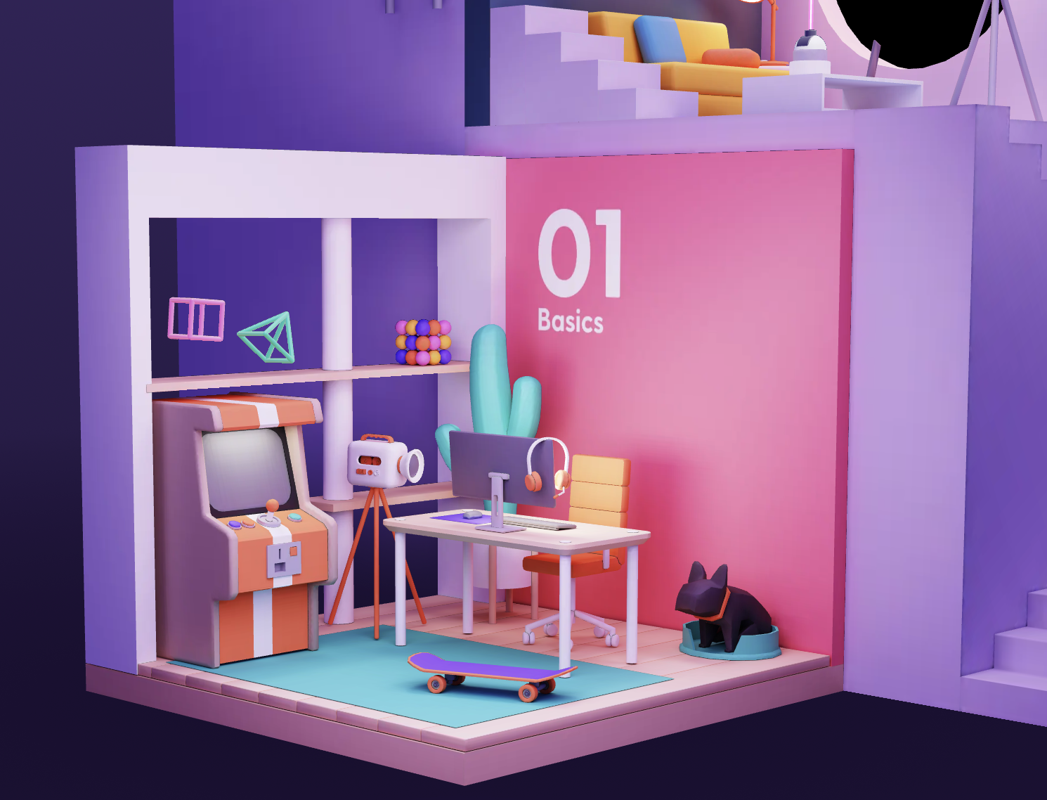 3D visualization of a learning space with computer setup